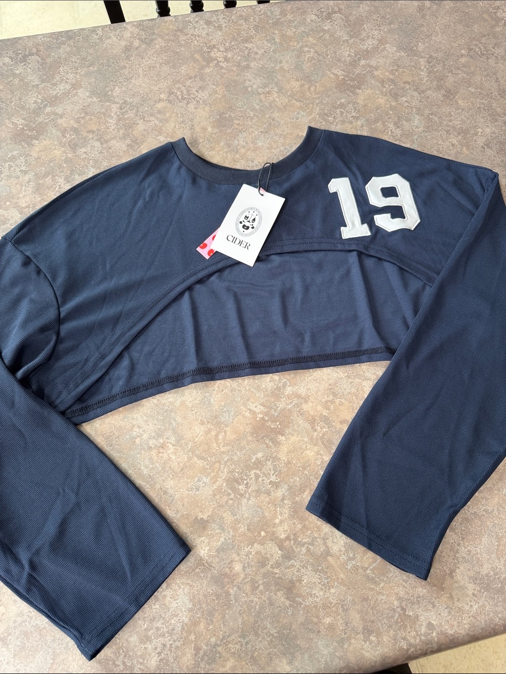 Cider Navy Cropped Long-Sleeve Top with White '19' Patch